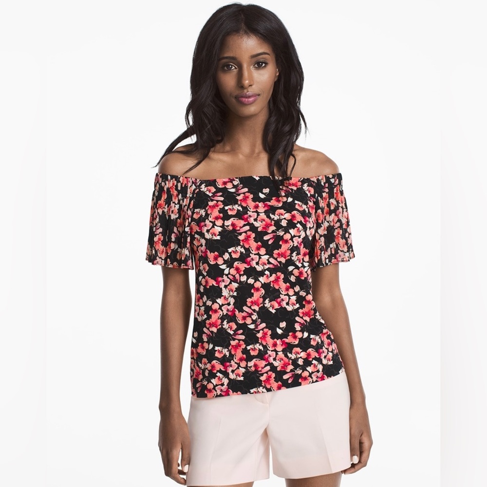 White House Black Market Size 12 Black Floral Pleated Off The Shoulder Blouse